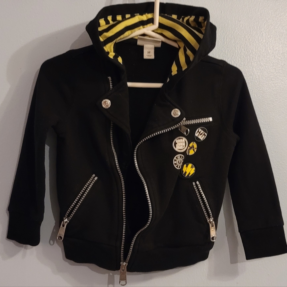 Hara Juku mini Japanese Black silver zippered jacket striped hood w patches